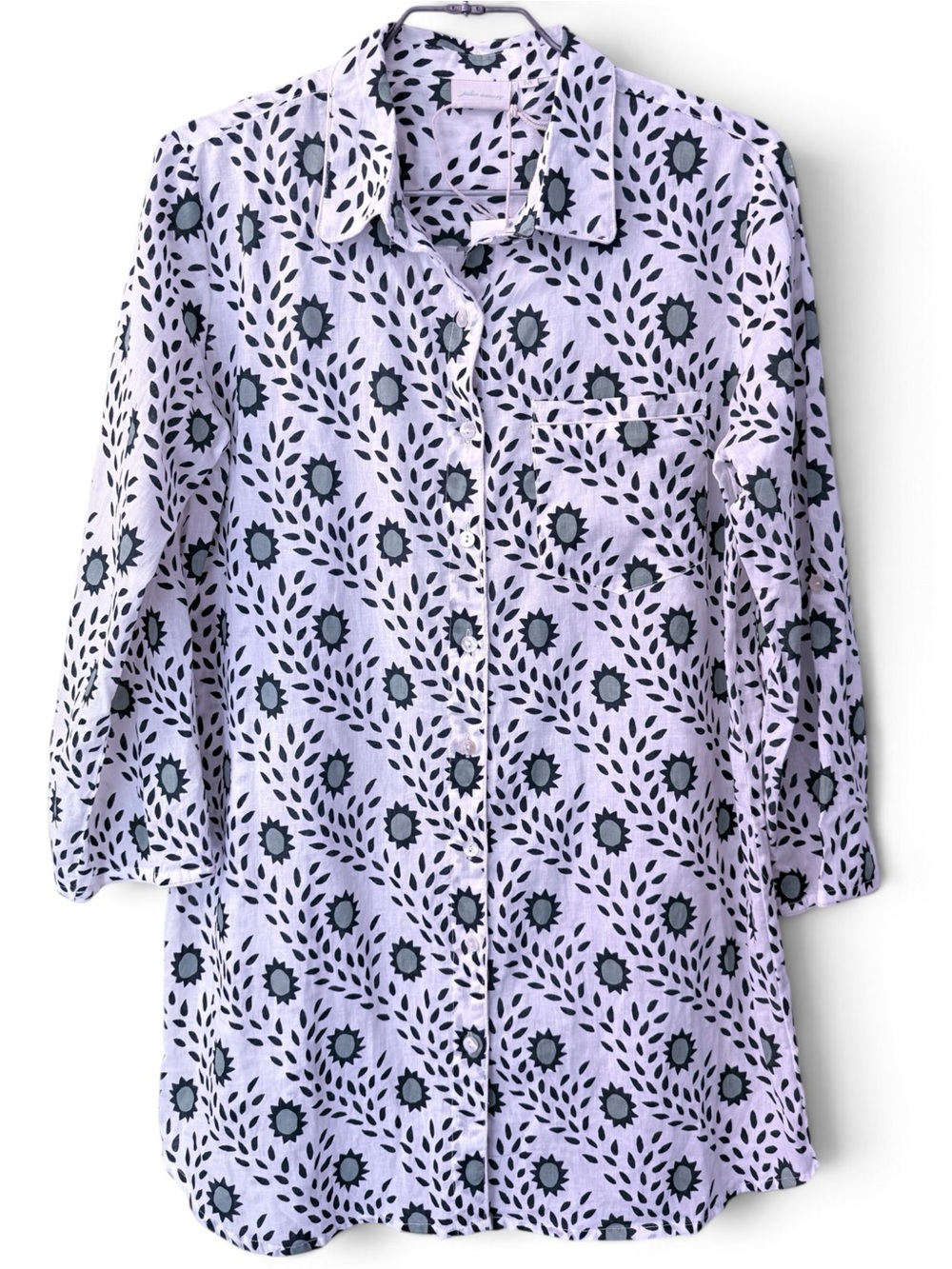 Julia Amory Husband Shirt 100% Cotton Sage White Block Print Coastal Chic NWT M - Picture 6 of 12